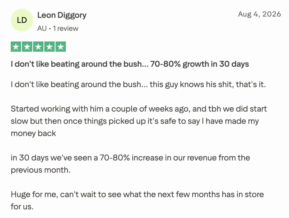 Five star review from Leon Diggory reporting revenue improvement