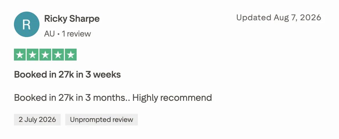 Five star review from Ricky Sharpe about bookings
